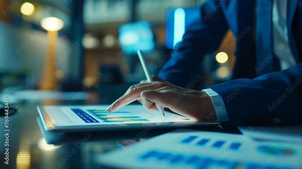 Obraz premium Business professional analyzing financial data on a tablet with focus on interactive screen