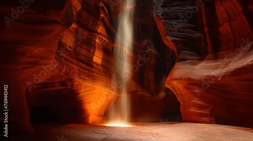 A light shines through a cave, illuminating the inside