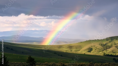 A rainbow is seen in the sky above a grassy field