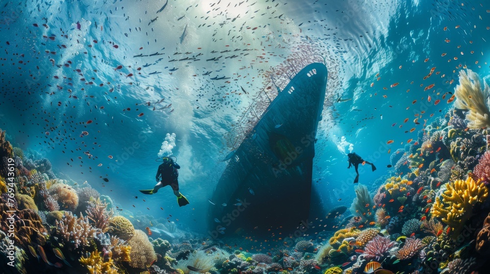 Fototapeta premium A ship is surrounded by coral and fish in the ocean. Generative AI.