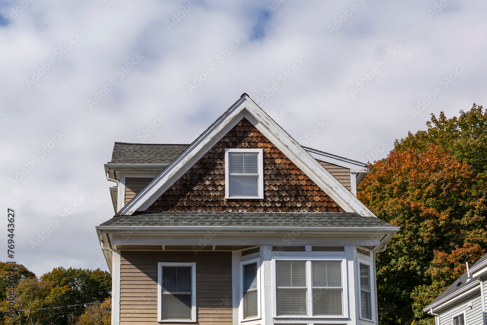 Classic design of a detached single-family home on an autumn cloudy day, Brighton, MA, USA