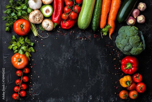 A black background with a variety of vegetables including broccoli, carrots