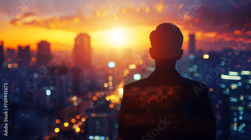Silhouette of a contemplative business person against cityscape at sunset, reflecting success