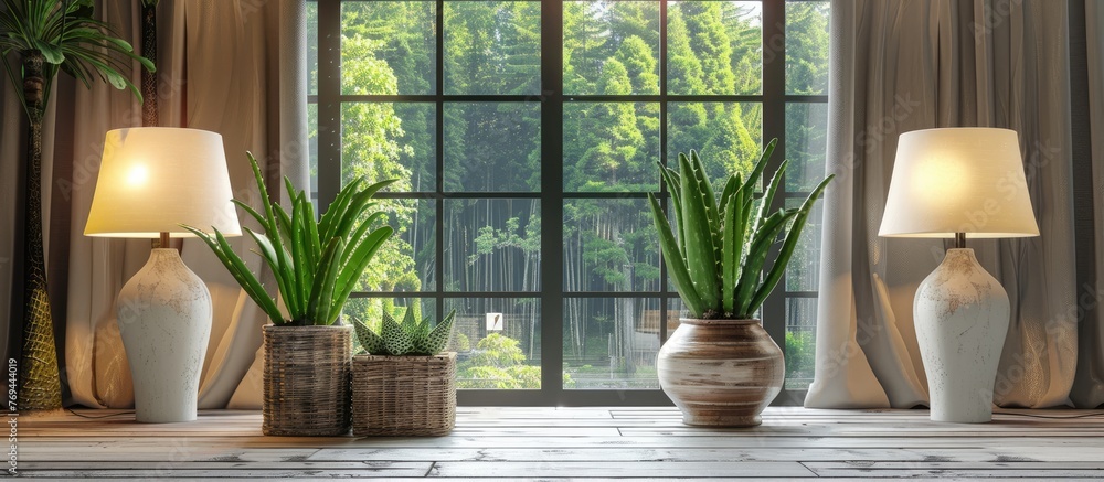 Two white lamps in a living room with wide window and aloe vera plant in vintage style.