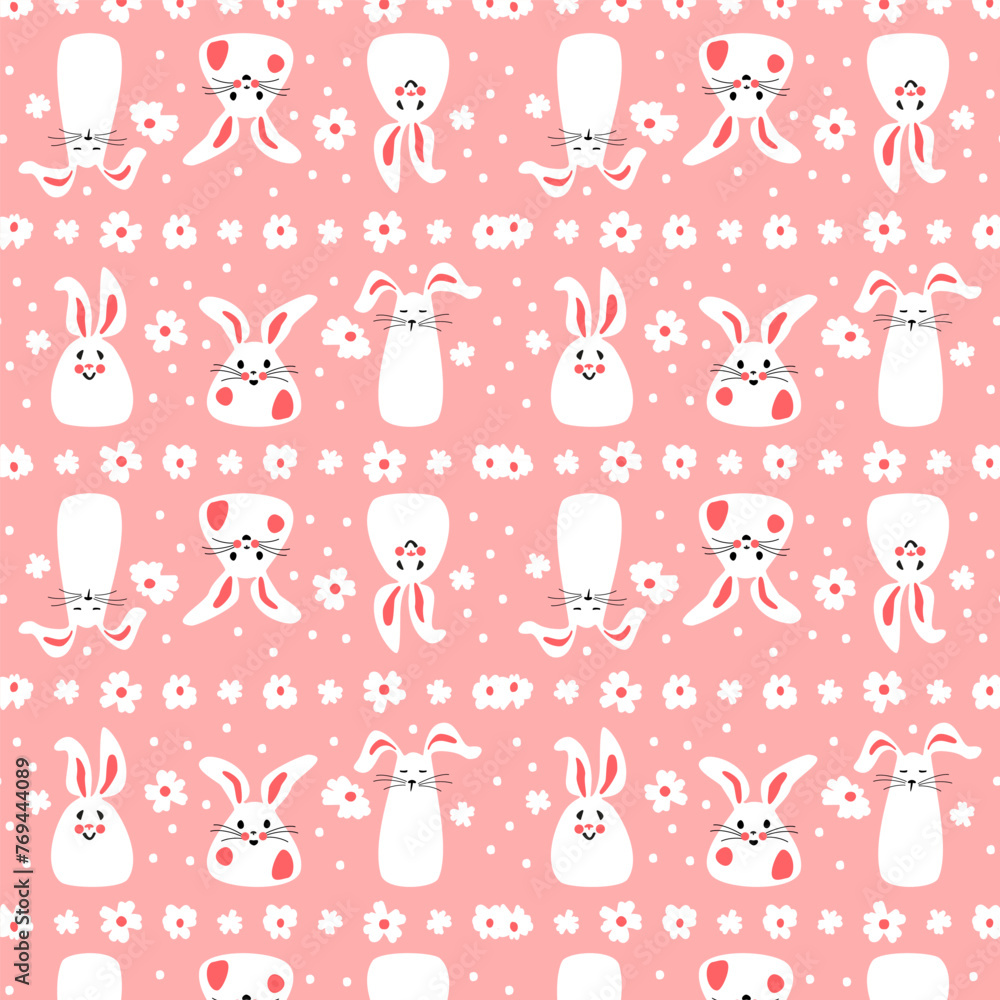Seamless pattern with cute white rabbits with flowers. Easter bunnies for printing on childrens products, fabric and wallpaper on a pink background. Cartoon flat vector illustration. Seamless pattern with cute white rabbits with flowers. Easter bunnies for printing on childrens products, fabric and wallpaper on a pink background. Cartoon flat vector illustration.