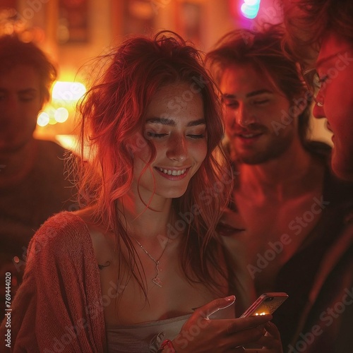 beautiful girl writes a message on the phone. People around him are watching him. Beautiful girl holding phone