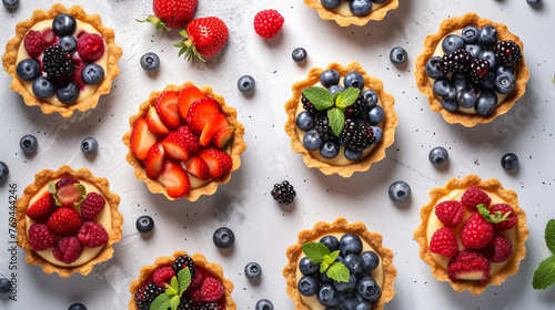 Tartlets with different fresh berries on light table, flat lay. Generative Ai © we3_food