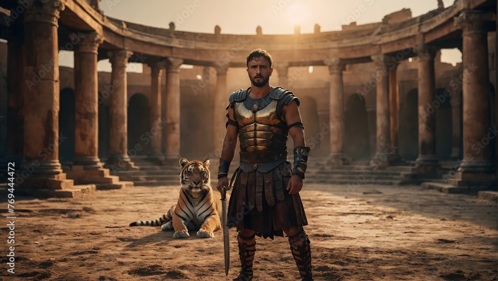 a roman gladiator stands in a dusty arena
