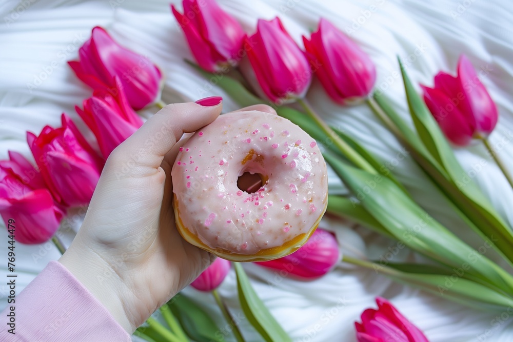 Obraz na plátně hand holding a donut with pink icing, near pink tulips