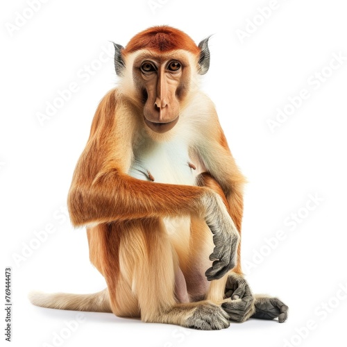 Proboscis Monkey in natural pose isolated on white background, photo realistic