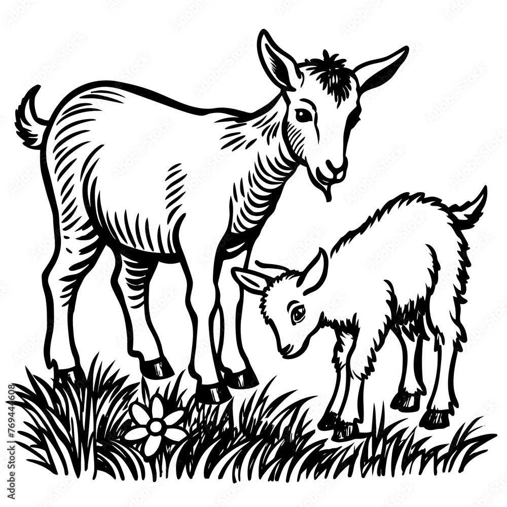 baby goat and heh mother eating grass vector 
