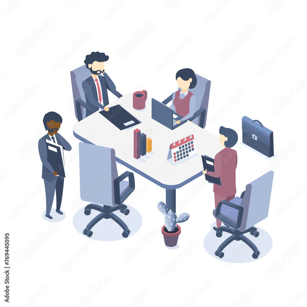 Isometric vector illustration. The concept of business meeting. Discussion of business projects, market analysis. Group work of businessmen.
Isometric vector illustration. The concept of business meeting. Discussion of business projects, market analysis. Group work of businessmen.