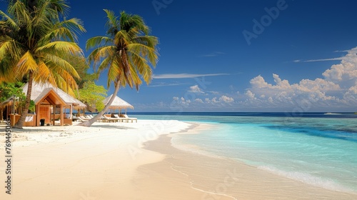 beach in the Maldives, with white sand and clear blue waters