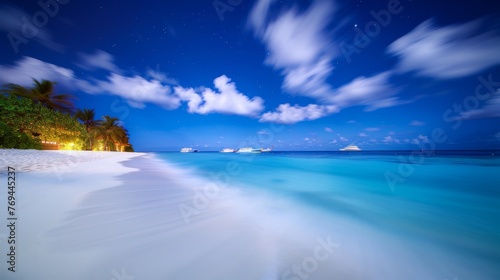 beautiful tropical beach at night with long exposure of the sky