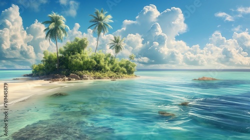 An Exotic Tropical Island with Palm Trees Wallpaper Background. © PhornpimonNutiprapun