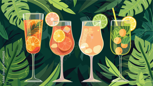 Summer drinks on leaves cartoons isolated vector il