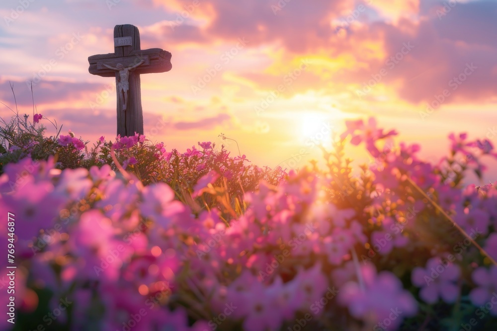 A cross surrounded by blooming flowers under a sunrise, illustrating the victory of life over death for Easter A cross surrounded by blooming flowers under a sunrise, illustrating the victory of life over death for Easter