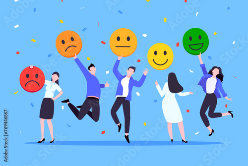 Employee satisfaction attitude survey feedback business concept flat style vector illustration. Business people with various feedback emoticons. Working happiness wellbeing and satisfaction feedback