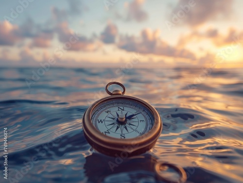 A compass pointing towards the horizon over an open sea, representing guidance, direction, and the pursuit of goals photo