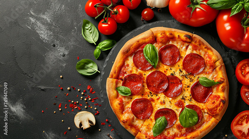 tomatoes basil on black concrete background. Top view of hot pepperoni pizza. Generative Ai