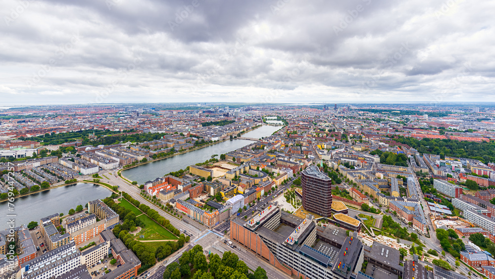 Copenhagen, Denmark. Copenhagen lakes. Panorama of the city in summer. Cloudy weather. Aerial view