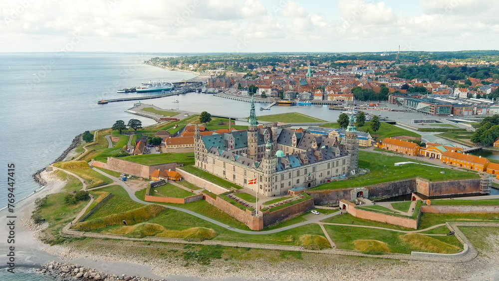 Helsingor, Denmark. A 16th-century castle with a banquet hall and royal chambers. The prototype of Elsinore Castle in the play Hamlet, Aerial View
