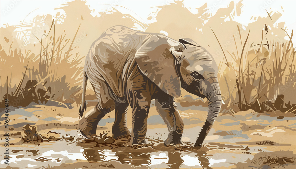 Fototapeta premium An elephant is wading through muddy water in a sepia-toned illustration of a savannah scene