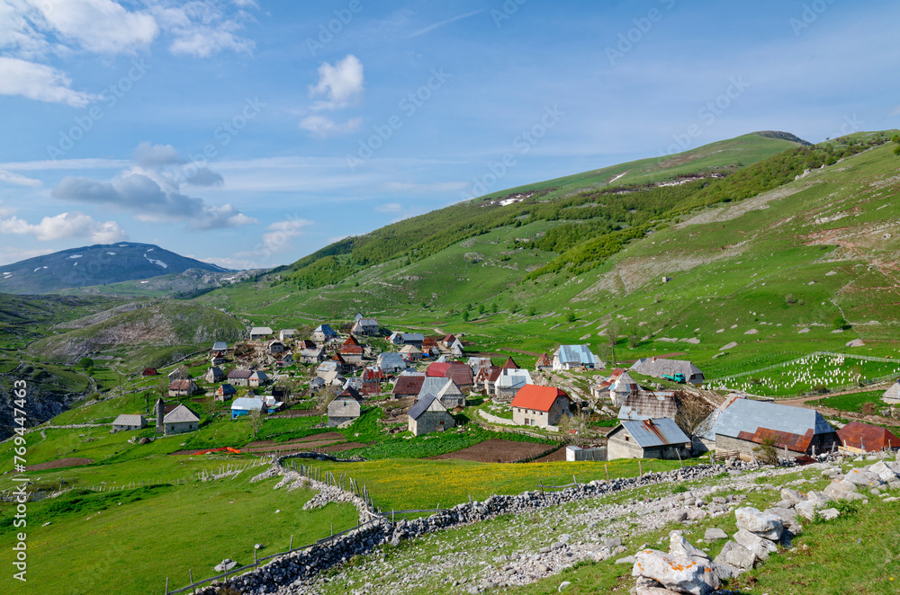 Mountain village Lukomir in Bosnia and Herzegovina. Unique and traditional village. Unique village in Europe. Medieval traditional way of living. Rural tourism and holidays.