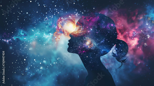 Human silhouette with galaxy mind, cosmic thoughts, 3D vector,