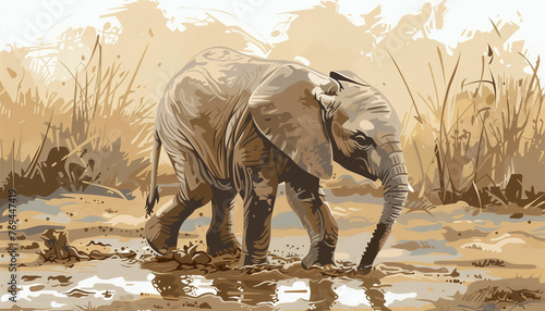 An elephant is wading through muddy water in a sepia-toned illustration of a savannah scene