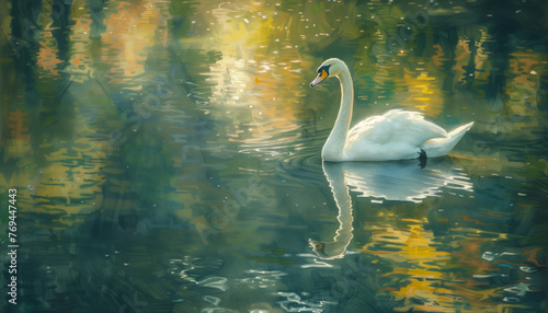 A swan glides peacefully on the water, its white form reflected amidst the golden and green hues of a serene pond © Seasonal Wilderness
