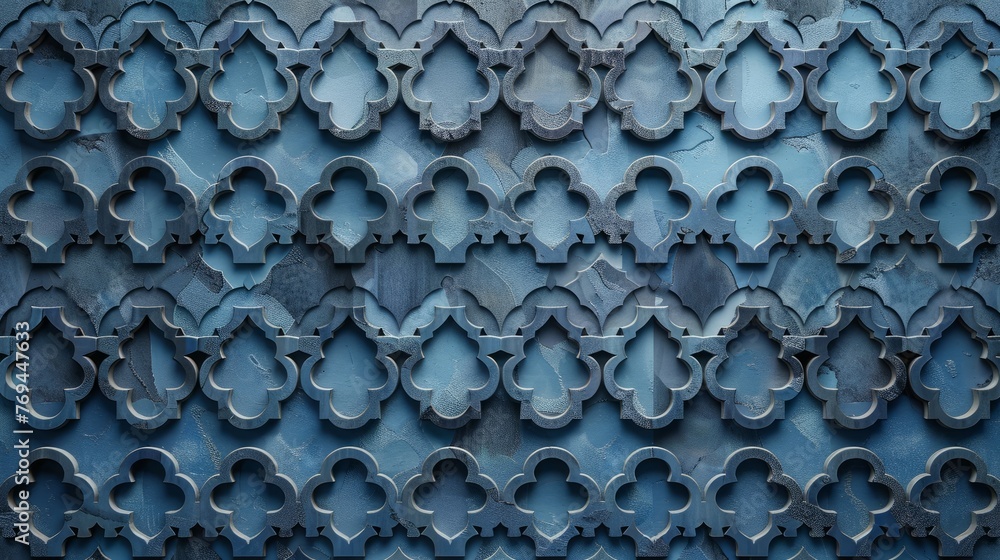 Fototapeta premium Detailed close up of a blue wall showcasing a layered Moroccan tiles pattern, creating visual depth and intricacy, background, wallpaper