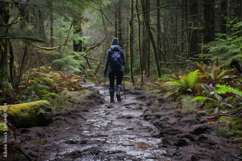 lone hiker viewed from behind on a forest trail with mud