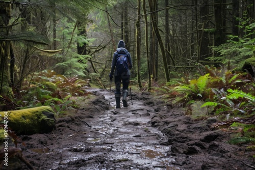 lone hiker viewed from behind on a forest trail with mud