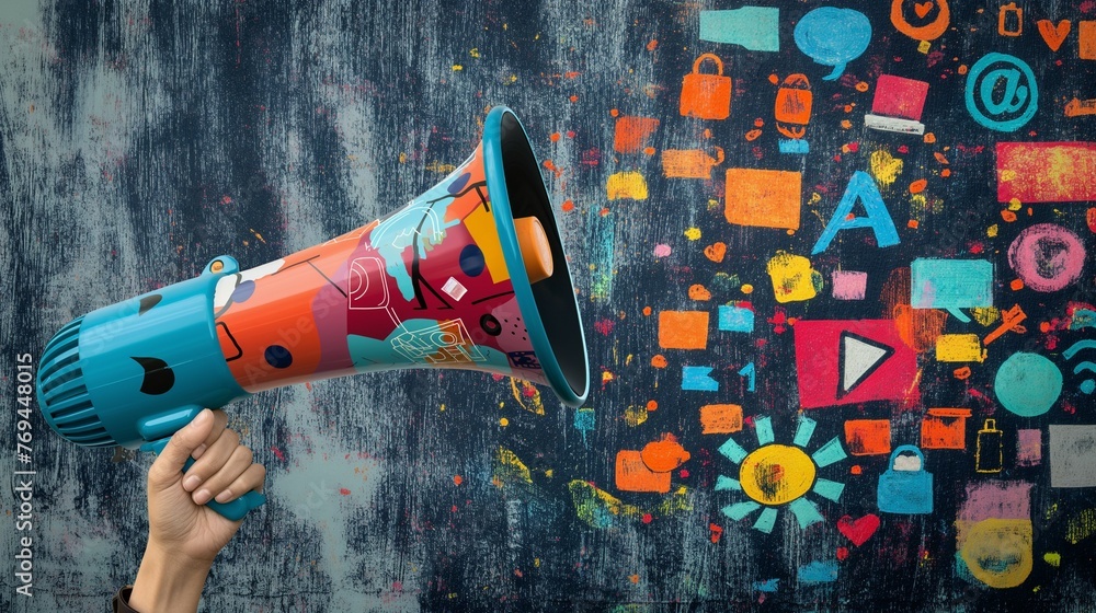 A Person Holding Megaphone And Social Media Icons. The Power Of Words In Marketing Promotion Concept.