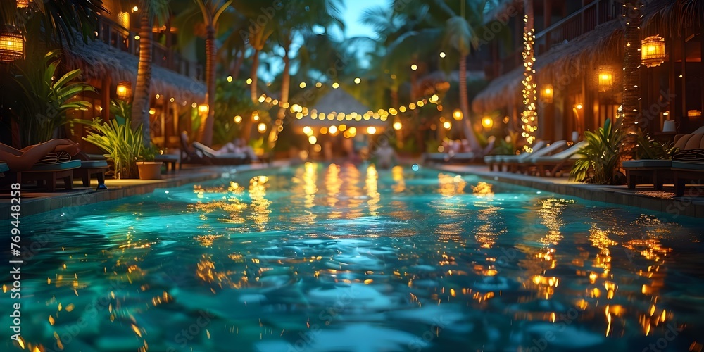 Tropical Party Vibes: Guests Relaxing in Nighttime Pool Area at Boutique Hotel. Concept Tropical Decor, Nighttime Pool, Boutique Hotel, Relaxing Guests, Party Vibes