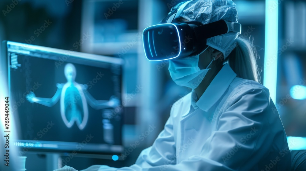 Virtual reality, overlay and science doctor in metaverse researching and working on futuristic digital screen. Future, innovation and researcher in vr headset busy in a laboratory with medical ai Virtual reality, overlay and science doctor in metaverse researching and working on futuristic digital screen. Future, innovation and researcher in vr headset busy in a laboratory with medical ai