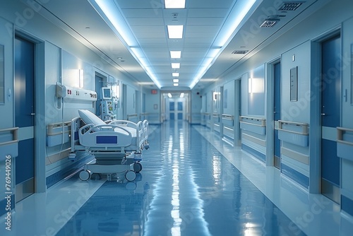 Hospital hallway with gurney, bright lights, and doors leading to patient rooms on both sides