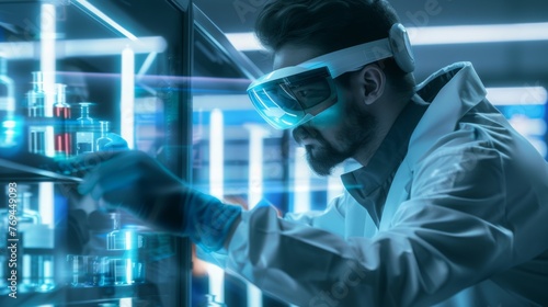 Virtual reality, overlay and science doctor in metaverse researching and working on futuristic digital screen. Future, innovation and researcher in vr headset busy in a laboratory with medical ai photo