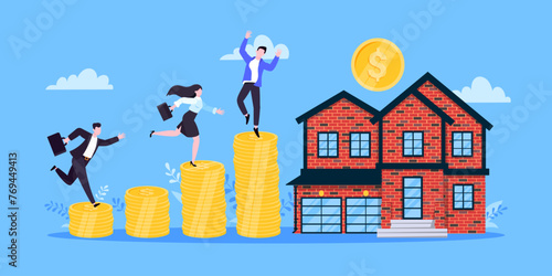Mortgage refinance to buy a house flat style design business concept. Real estate property or mortgage loan investment. Business people climb money coin stack and home building vector illustration.