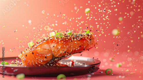 Perfectly sliced salmon sushi presented on a sophisticated red plate with dynamic sprinkles of ingredients in the backdrop