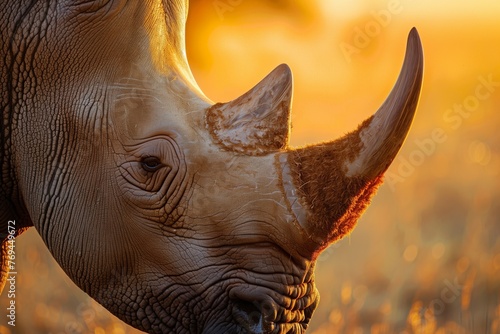 closeup of rhino face in warm sunset light