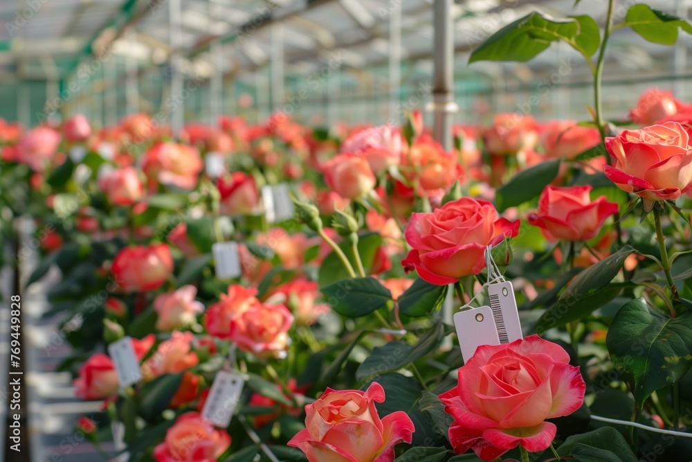 roses with identification tags in a commercial grow house