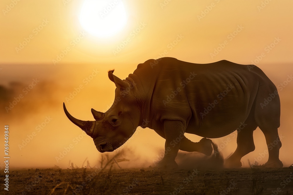 Fototapeta premium backlit rhino with lifting dust at sunset