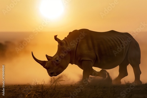 backlit rhino with lifting dust at sunset