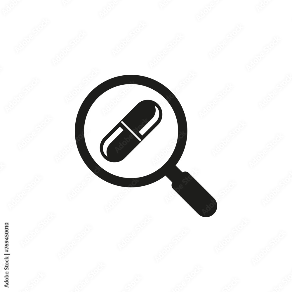 Pill under the magnifier. Medicine search icon. Capsule and magnifying glass. Pill under the magnifier. Medicine search icon. Capsule and magnifying glass.