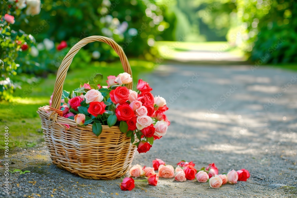 basket full of freshly cut roses on a garden path basket full of freshly cut roses on a garden path