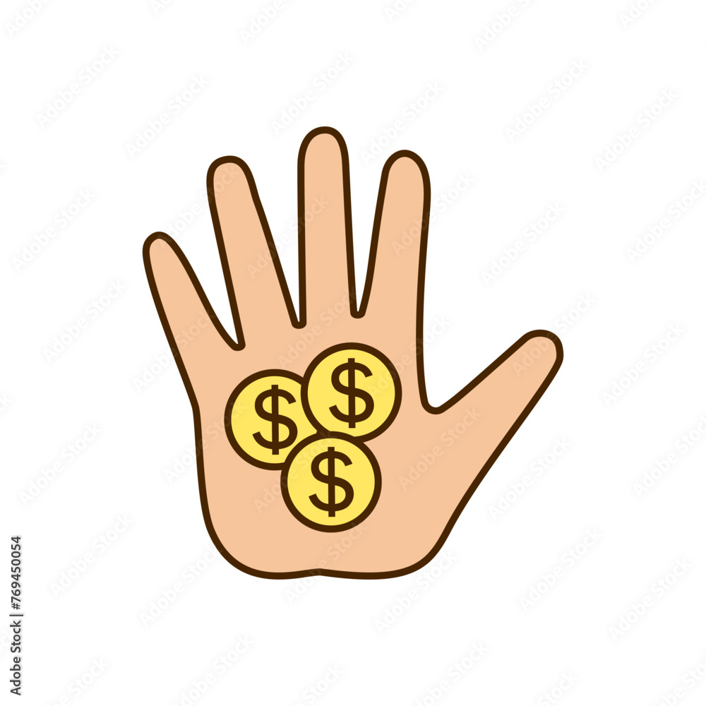 Hand with money and a coins with a dollar sign on the palm. Color vector icon and illustration on white background. Hand with money and a coins with a dollar sign on the palm. Color vector icon and illustration on white background.