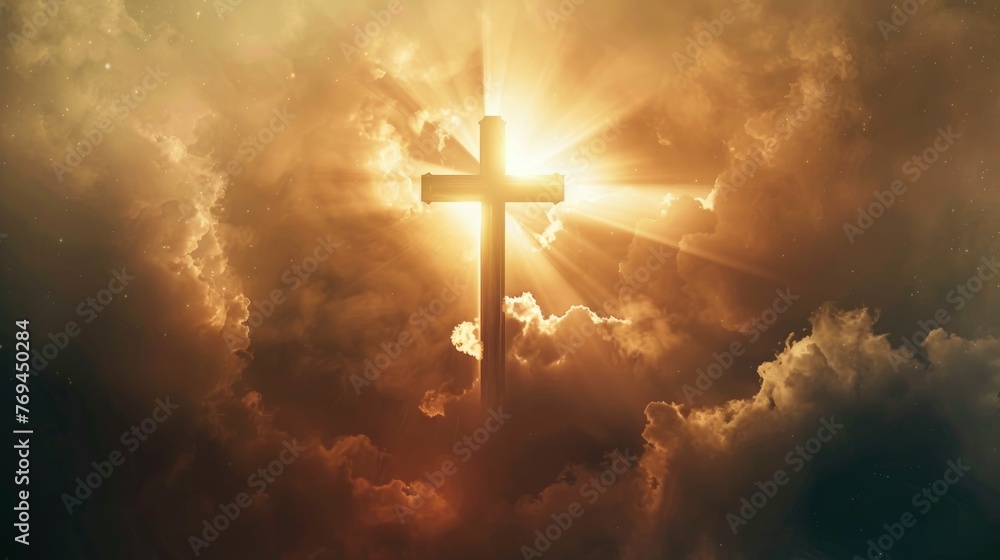 Cross floating in the air, clear silhouette on the background of light clouds, sun rays illuminate it from behind, the power of faith, light bright background Cross floating in the air, clear silhouette on the background of light clouds, sun rays illuminate it from behind, the power of faith, light bright background