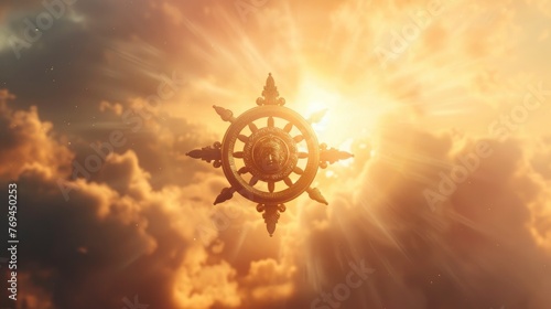 Buddhism dharma wheel floating in the air, clear silhouette on the background of light clouds, sun rays illuminate it from behind, the power of faith, light bright background